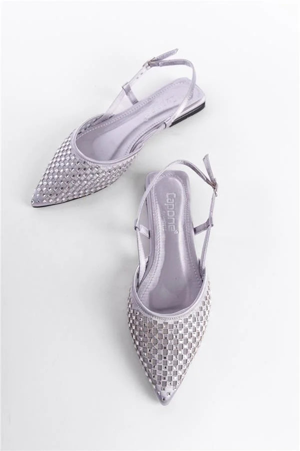 Capone Alene Pointed Toe Meshed Crystal Embellished Back Banded Women Silver Ballerina
