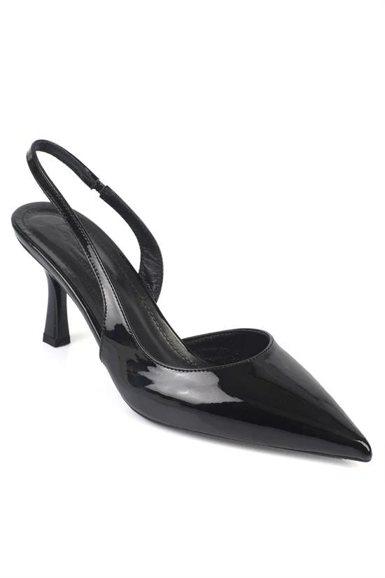 Capone Ramonda Genuine Leather Lined Pointed Toe Mid Heel Patent Look Open Back Women Patent Brown Shoe