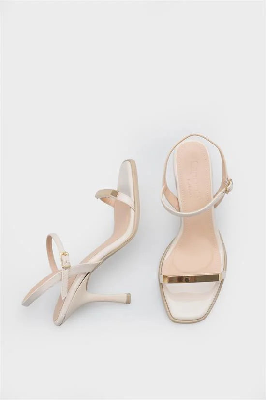 Capone Reggi Square Toe Metal Single Band Mid Heel Ankle Strap Women Patent Beige Shoe
