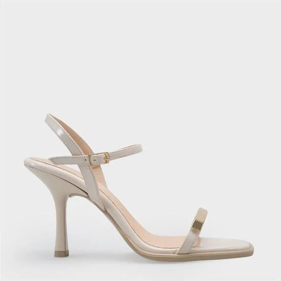 Capone Reggi Square Toe Metal Single Band Mid Heel Ankle Strap Women Patent Beige Shoe