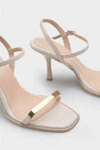 Capone Reggi Square Toe Metal Single Band Mid Heel Ankle Strap Women Patent Beige Shoe
