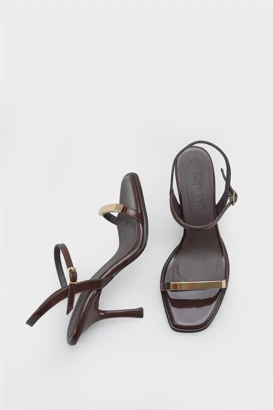 Capone Reggi Square Toe Metal Single Band Mid Heel Ankle Strap Women Patent Beige Shoe