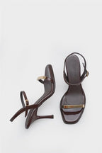 Capone Reggi Square Toe Metal Single Band Mid Heel Ankle Strap Women Patent Beige Shoe