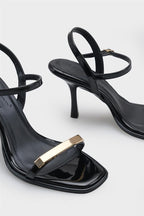 Capone Reggi Square Toe Metal Single Band Mid Heel Ankle Strap Women Patent Beige Shoe
