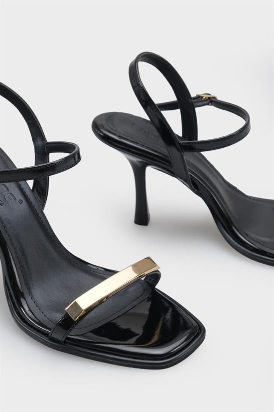 Capone Reggi Square Toe Metal Single Band Mid Heel Ankle Strap Women Patent Beige Shoe