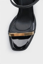 Capone Reggi Square Toe Metal Single Band Mid Heel Ankle Strap Women Patent Beige Shoe