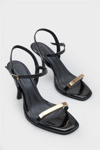 Capone Reggi Square Toe Metal Single Band Mid Heel Ankle Strap Women Patent Beige Shoe