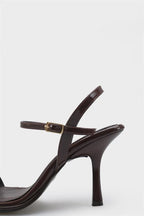Capone Reggi Square Toe Metal Single Band Mid Heel Ankle Strap Women Patent Beige Shoe
