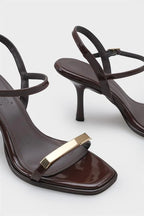 Capone Reggi Square Toe Metal Single Band Mid Heel Ankle Strap Women Patent Beige Shoe