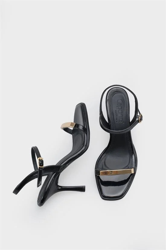 Capone Reggi Square Toe Metal Single Band Mid Heel Ankle Strap Women Patent Beige Shoe