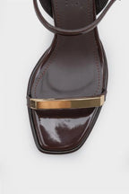 Capone Reggi Square Toe Metal Single Band Mid Heel Ankle Strap Women Patent Beige Shoe