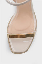Capone Reggi Square Toe Metal Single Band Mid Heel Ankle Strap Women Patent Beige Shoe