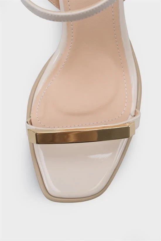 Capone Reggi Square Toe Metal Single Band Mid Heel Ankle Strap Women Patent Beige Shoe