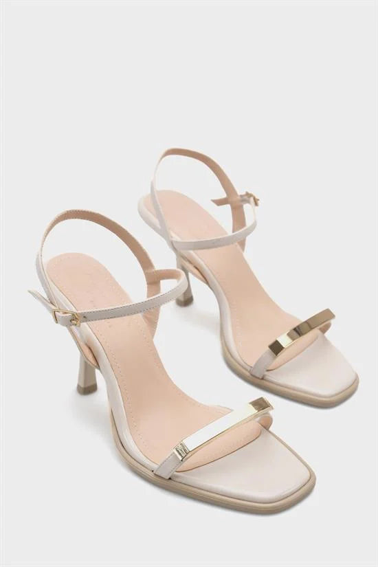 Capone Reggi Square Toe Metal Single Band Mid Heel Ankle Strap Women Patent Beige Shoe