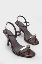 Capone Reggi Square Toe Metal Single Band Mid Heel Ankle Strap Women Patent Beige Shoe