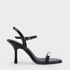 Capone Reggi Square Toe Metal Single Band Mid Heel Ankle Strap Women Patent Beige Shoe