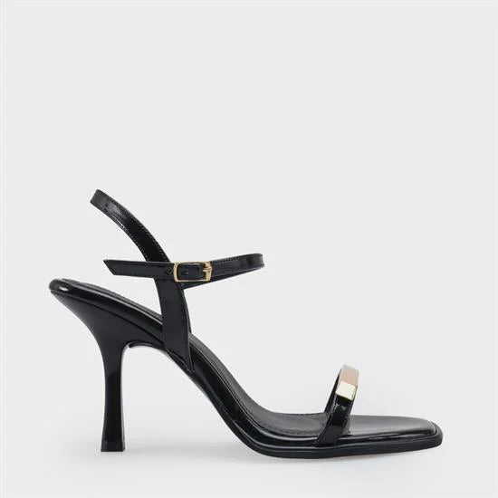 Capone Reggi Square Toe Metal Single Band Mid Heel Ankle Strap Women Patent Beige Shoe