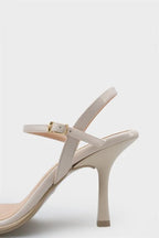Capone Reggi Square Toe Metal Single Band Mid Heel Ankle Strap Women Patent Beige Shoe
