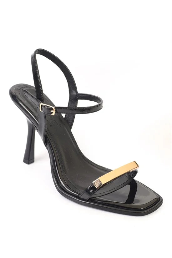 Capone Reggi Square Toe Metal Single Band Mid Heel Ankle Strap Women Patent Black Shoe
