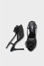 Capone Reina Mesh Round Toe Bow Detail High Heel Strap Women Black Shoe