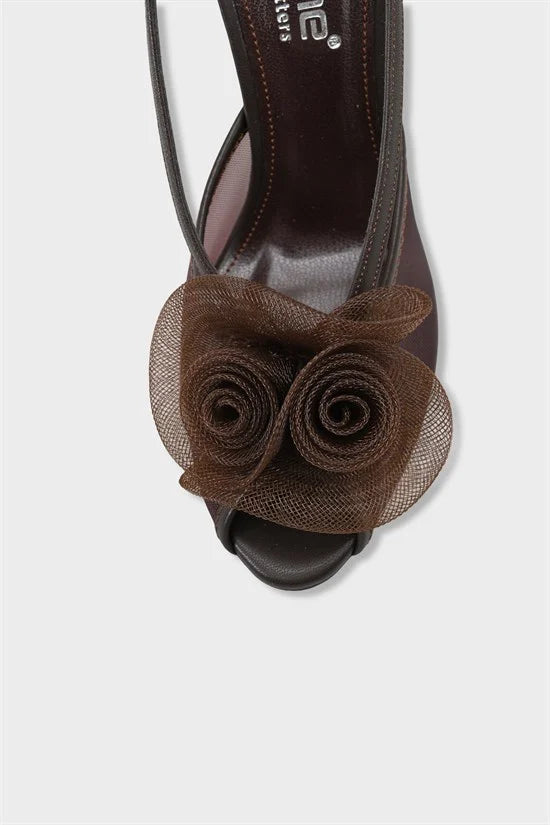 Capone Reina Mesh Round Toe Bow Detail High Heel Strap Women Black Shoe