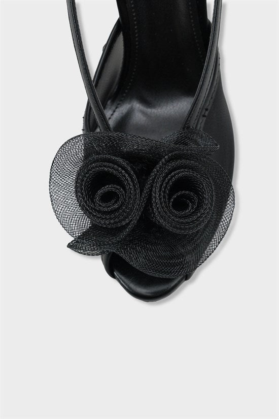 Capone Reina Mesh Round Toe Bow Detail High Heel Strap Women Black Shoe
