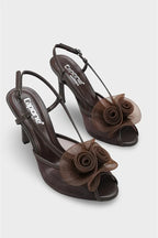 Capone Reina Mesh Round Toe Bow Detail High Heel Strap Women Black Shoe