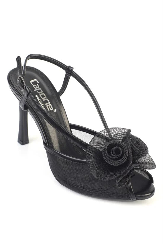 Capone Reina Mesh Round Toe Bow Detail High Heel Strap Women Black Shoe