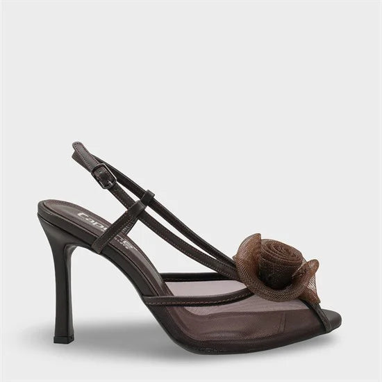 Capone Reina Mesh Round Toe Bow Detail High Heel Strap Women Black Shoe