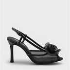 Capone Reina Mesh Round Toe Bow Detail High Heel Strap Women Black Shoe