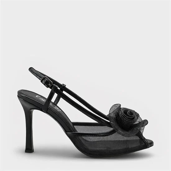 Capone Reina Mesh Round Toe Bow Detail High Heel Strap Women Black Shoe