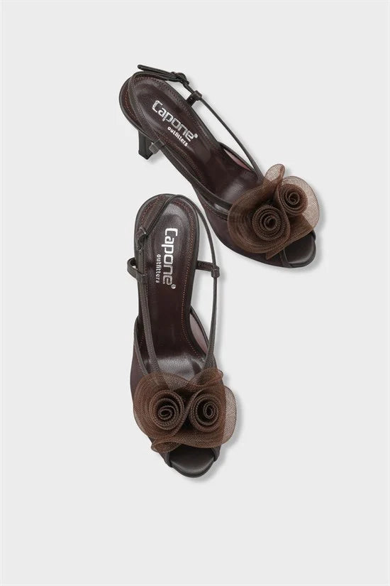 Capone Reina Mesh Round Toe Bow Detail High Heel Strap Women Black Shoe