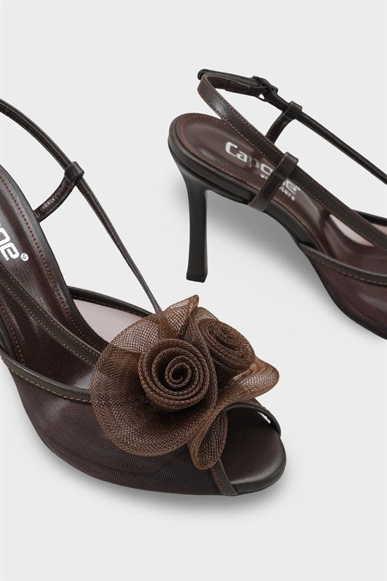 Capone Reina Mesh Round Toe Bow Detail High Heel Strap Women Black Shoe