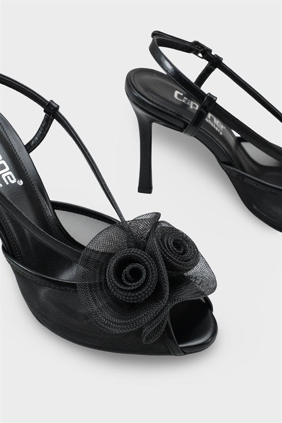 Capone Reina Mesh Round Toe Bow Detail High Heel Strap Women Black Shoe