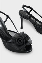 Capone Reina Mesh Round Toe Bow Detail High Heel Strap Women Black Shoe