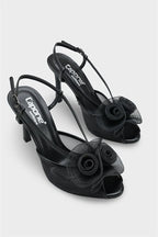 Capone Reina Mesh Round Toe Bow Detail High Heel Strap Women Black Shoe