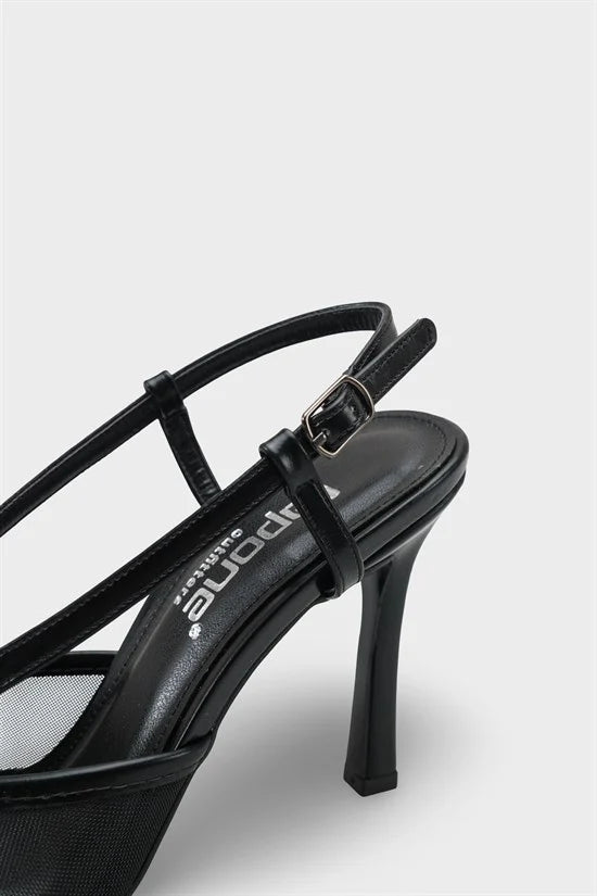 Capone Reina Mesh Round Toe Bow Detail High Heel Strap Women Black Shoe