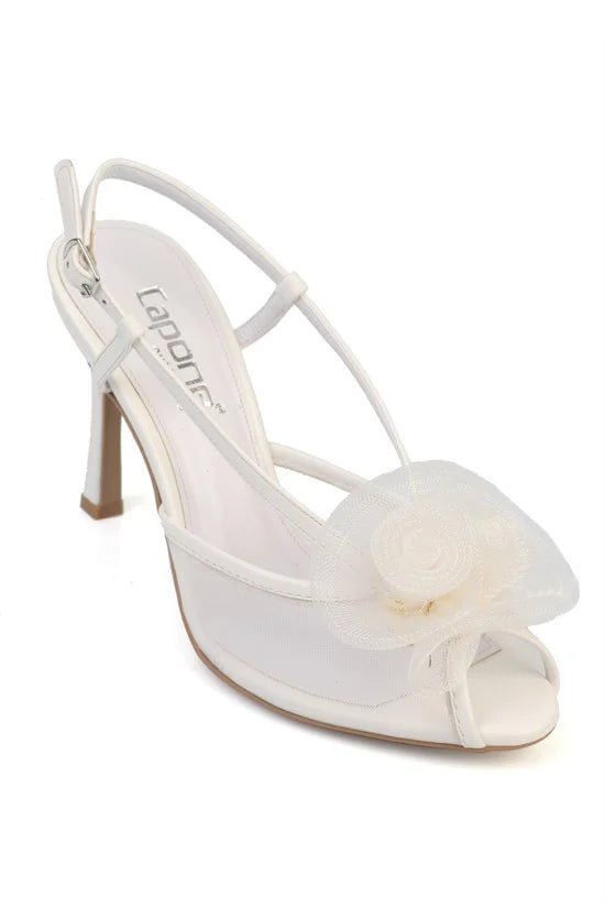 Capone Reina Mesh Round Toe Bow Detail High Heel Strap Women Black Shoe
