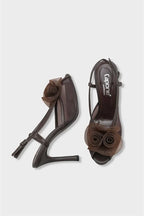 Capone Reina Mesh Round Toe Bow Detail High Heel Strap Women Black Shoe