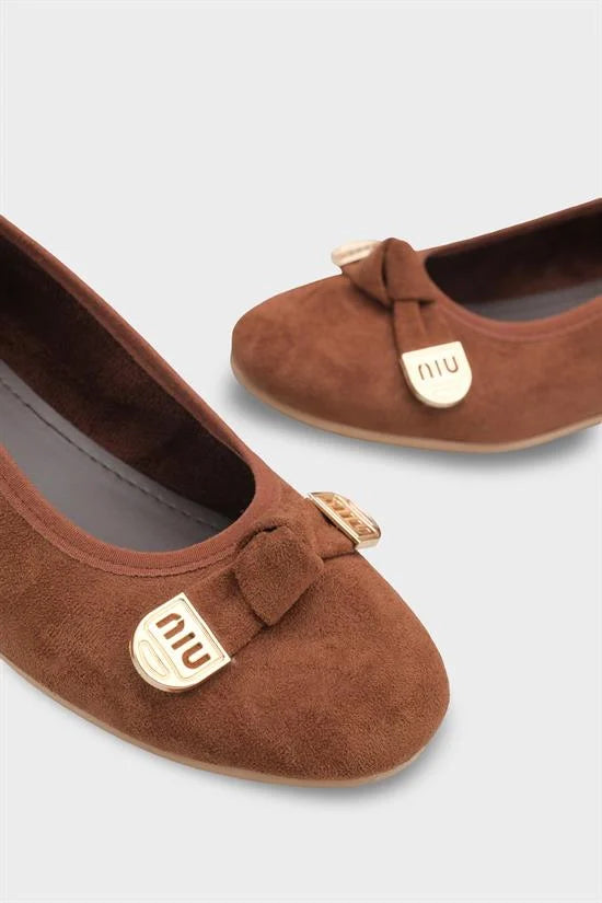 Capone Rena Suede Look Hidden Wedge Metal Buckle Women Sued Brown Ballet Flat