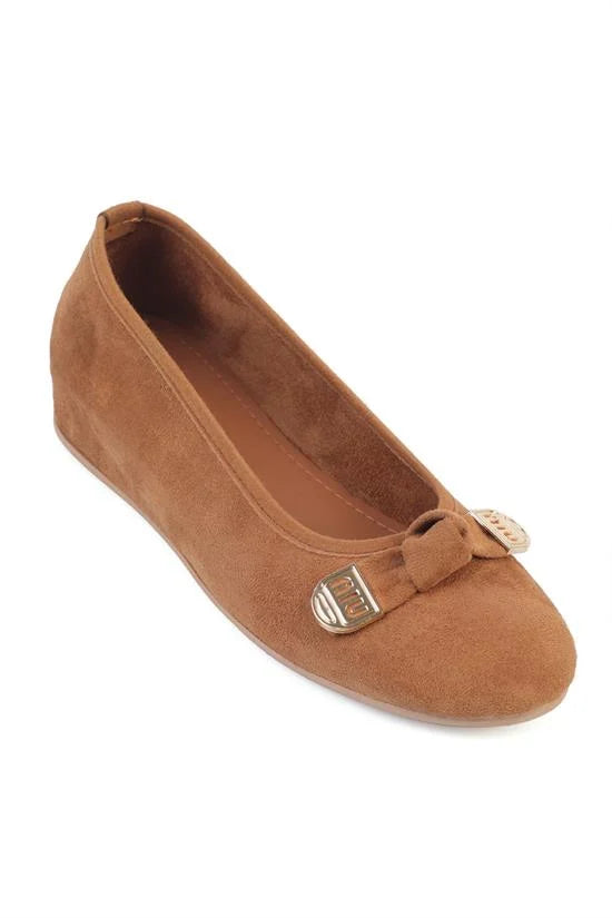 Capone Rena Suede Look Hidden Wedge Metal Buckle Women Sued Brown Ballet Flat