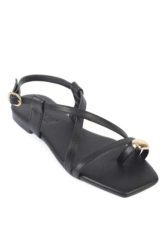 Capone RoxySquare Toe Metal Thong Band Flat Heel Women Beige Sandal