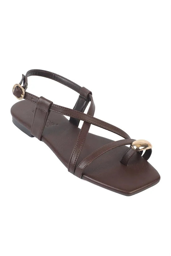 Capone RoxySquare Toe Metal Thong Band Flat Heel Women Beige Sandal
