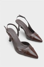 Capone Sall Pointed Toe Croc Effect Open Back Mid Heel Women Beige Shoe