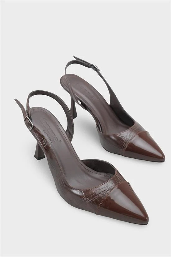 Capone Sall Pointed Toe Croc Effect Open Back Mid Heel Women Beige Shoe