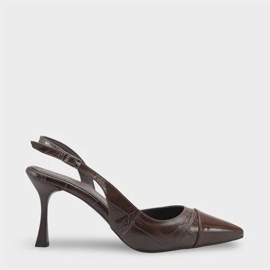 Capone Sall Pointed Toe Croc Effect Open Back Mid Heel Women Beige Shoe