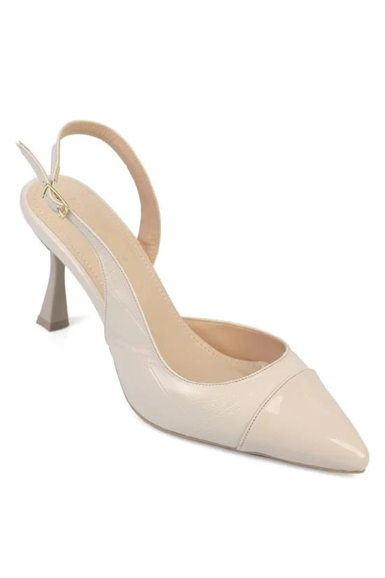 Capone Sall Pointed Toe Croc Effect Open Back Mid Heel Women Beige Shoe