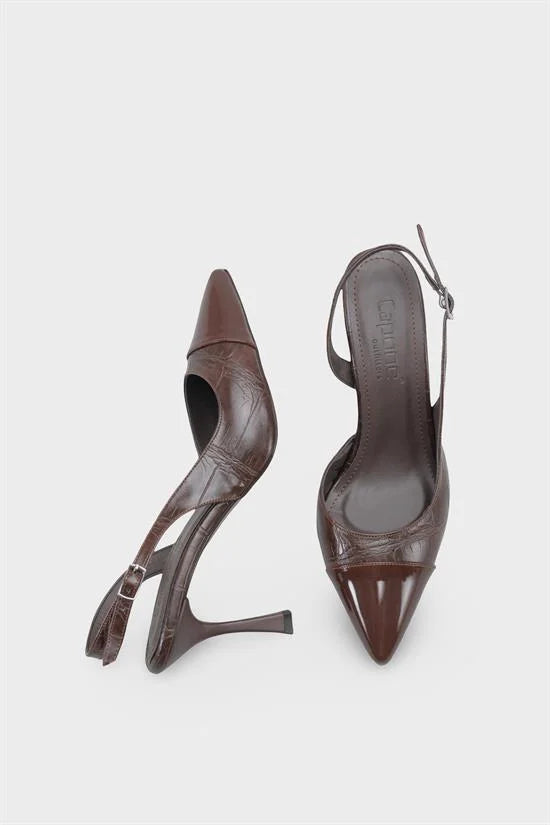Capone Sall Pointed Toe Croc Effect Open Back Mid Heel Women Beige Shoe