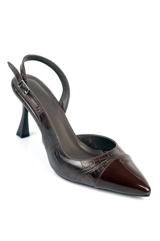 Capone Sall Pointed Toe Croc Effect Open Back Mid Heel Women Beige Shoe