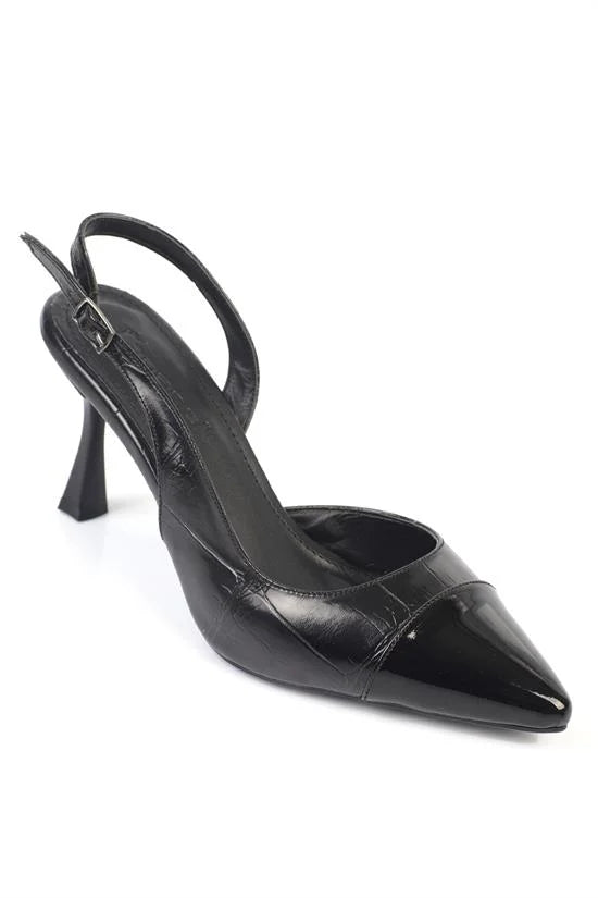 Capone Sall Pointed Toe Croc Effect Open Back Mid Heel Women Beige Shoe